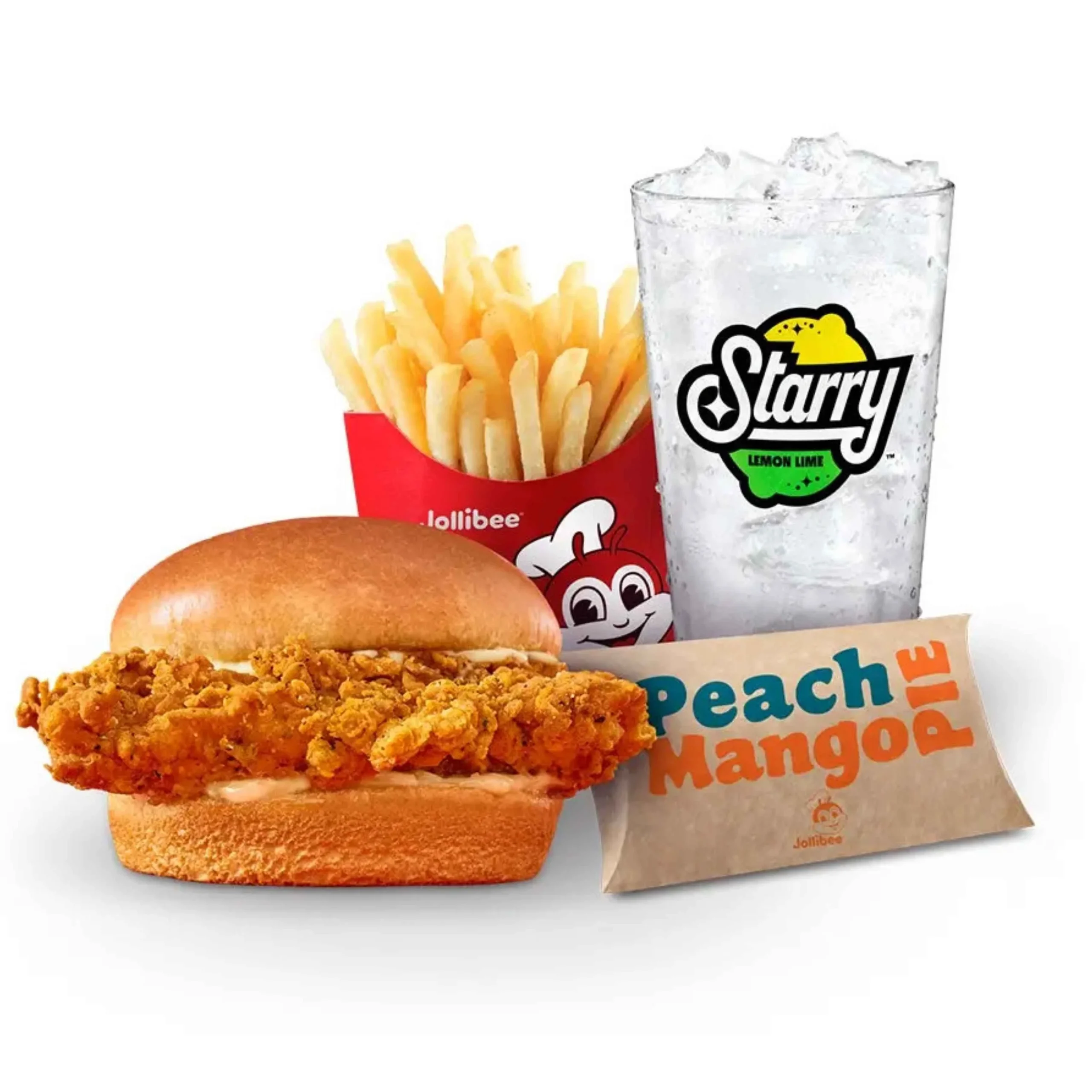 1 Chicken Sandwich served plus regular Jolly Crispy Fries, a fountain Beverage, and peach mango pie
