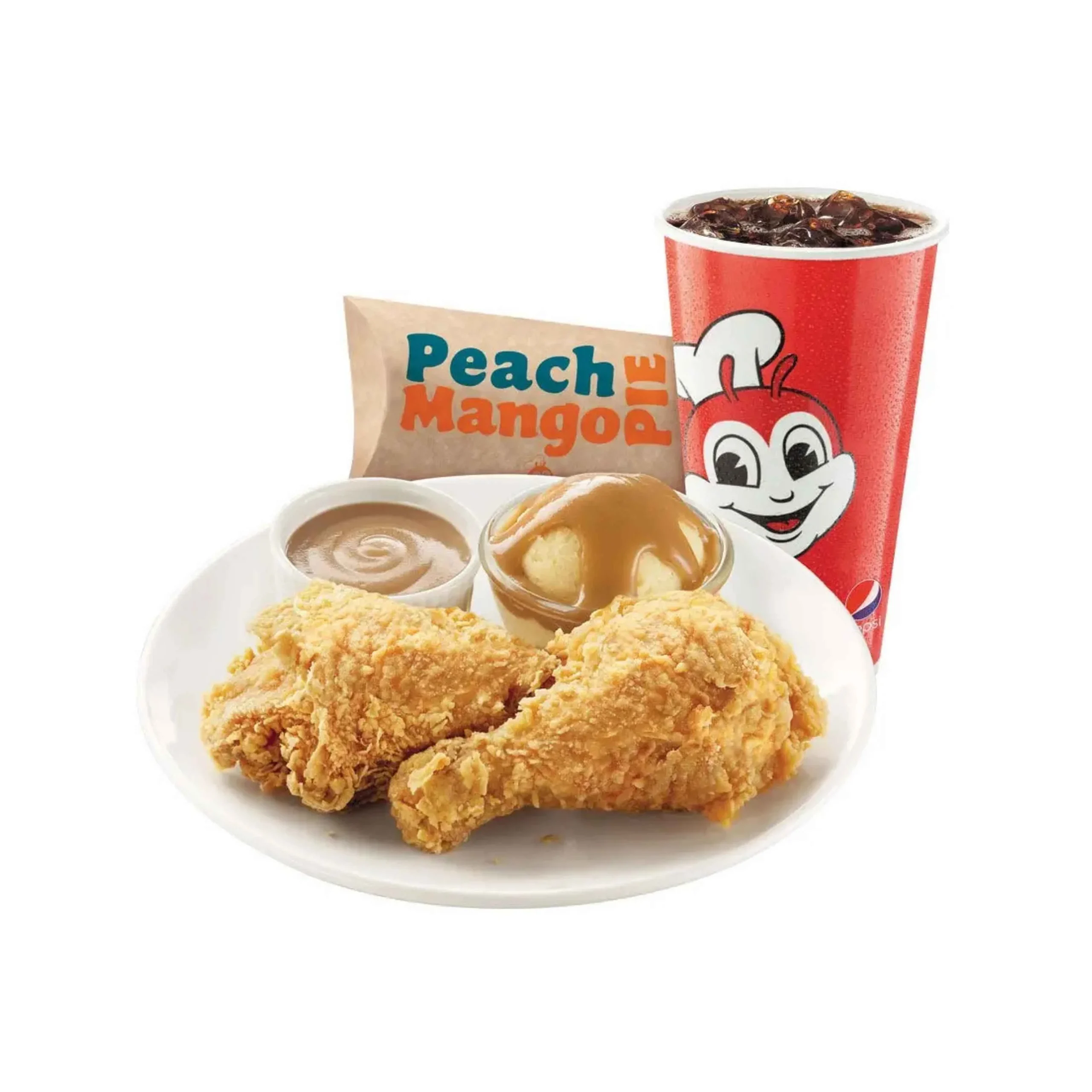 2Piece Chickenjoy with a regular drink, & Peach Mango Pie.